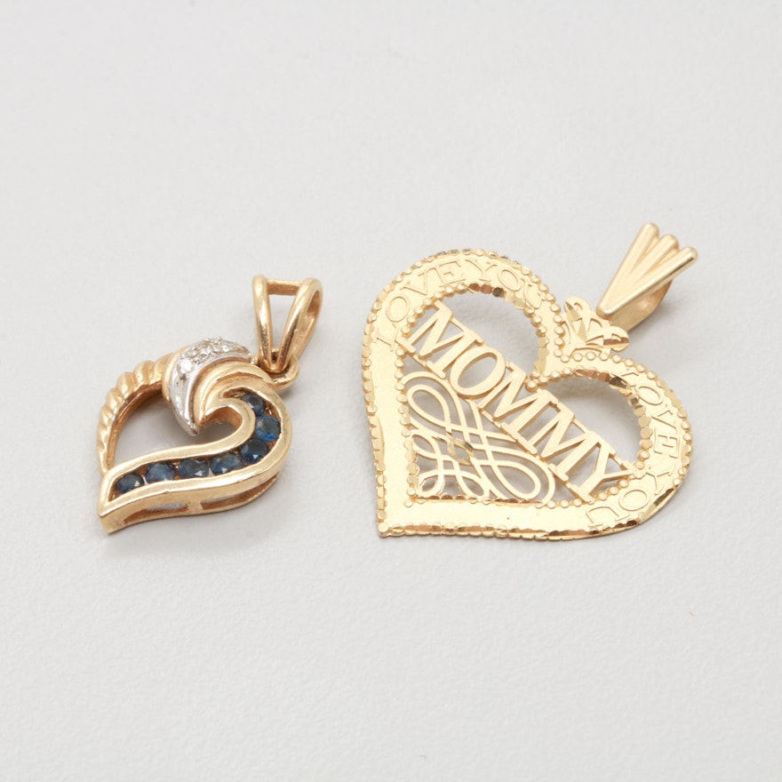 Michael Anthony 14K Yellow Gold "Mommy" and Sapphire and Diamond Heart Pendants