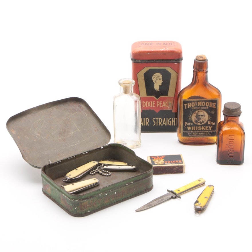 Dixie Peach Hair Straight and Lucky Strike Tins, Bottles, Knives and More