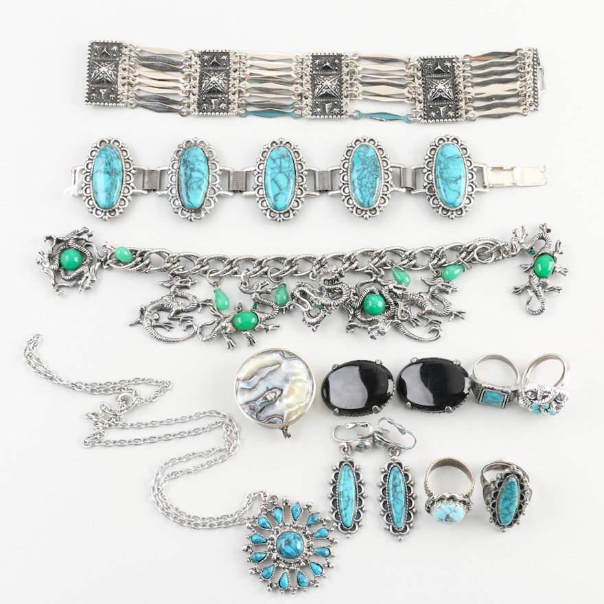 Silver Tone Jewelry Assortment with Imitation Turquoise and Glass