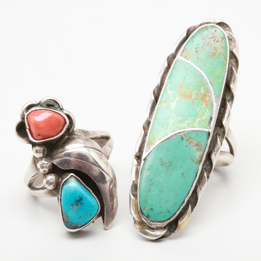 Norman Lee Navajo Diné Sterling Silver Turquoise and Coral Rings