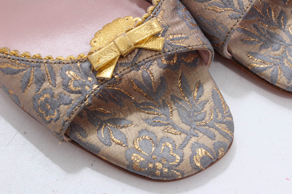 Prada Silk Brocade Kitten Heel Slides with Gold Metallic Flat Bows