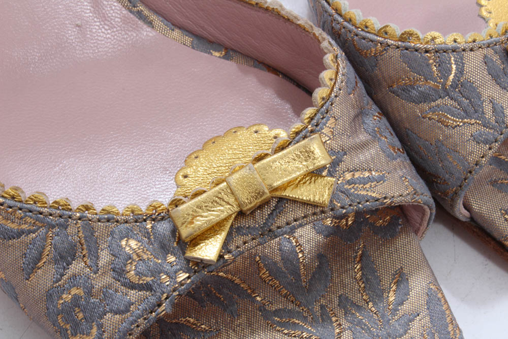 Prada Silk Brocade Kitten Heel Slides with Gold Metallic Flat Bows