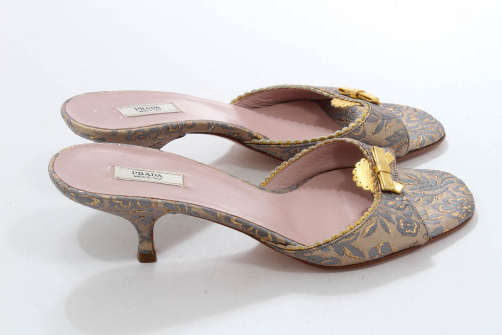 Prada Silk Brocade Kitten Heel Slides with Gold Metallic Flat Bows