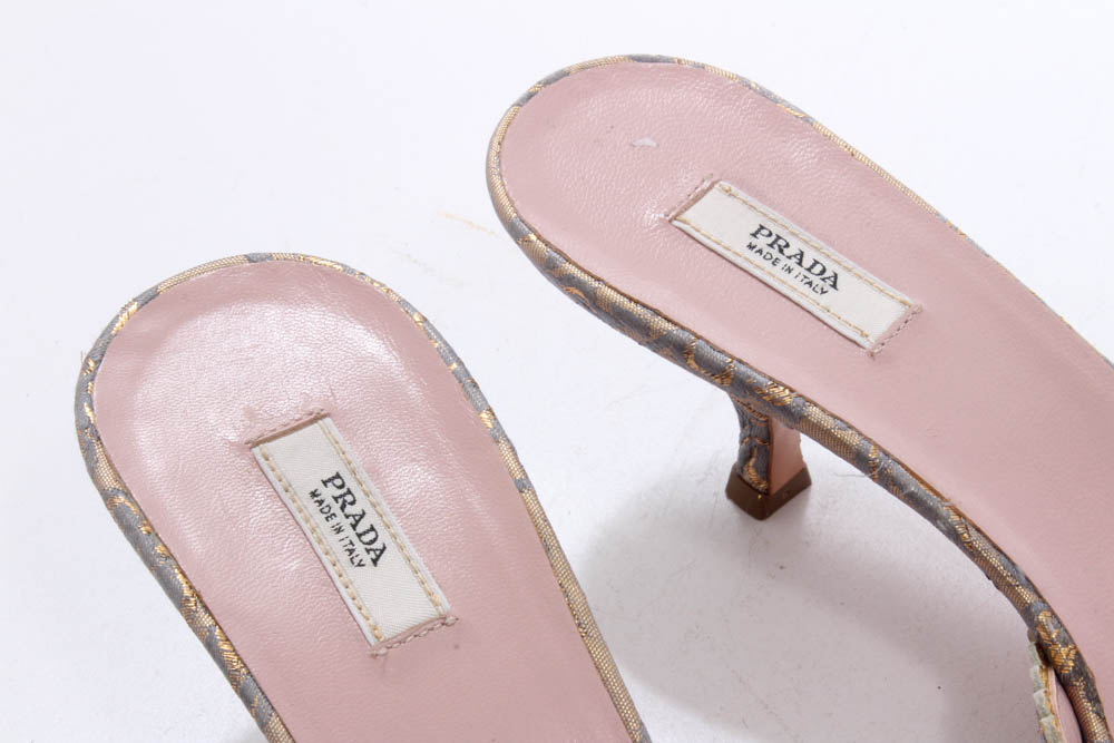 Prada Silk Brocade Kitten Heel Slides with Gold Metallic Flat Bows