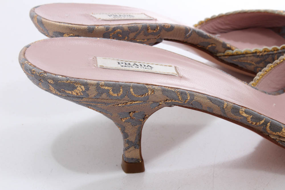 Prada Silk Brocade Kitten Heel Slides with Gold Metallic Flat Bows