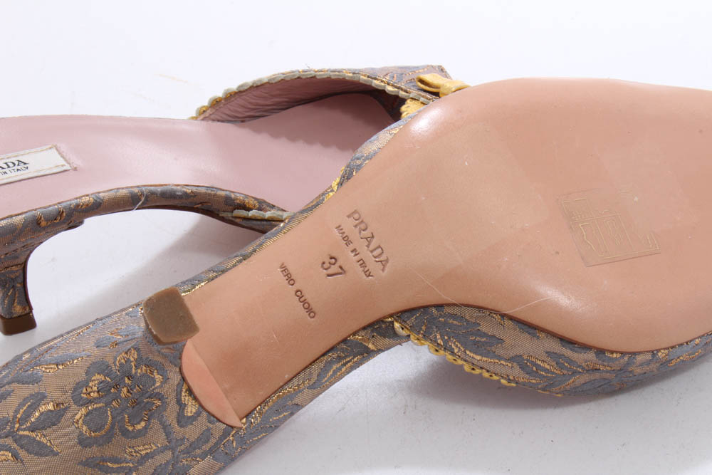 Prada Silk Brocade Kitten Heel Slides with Gold Metallic Flat Bows