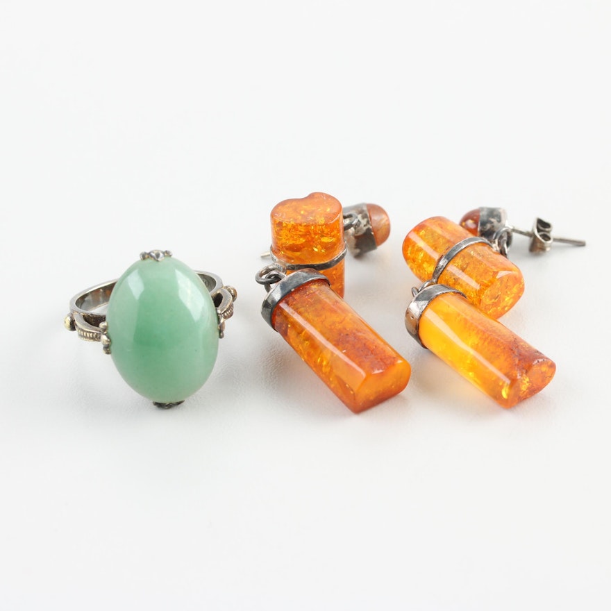 900 and Sterling Silver Ring and Earrings with Amber and Aventurine