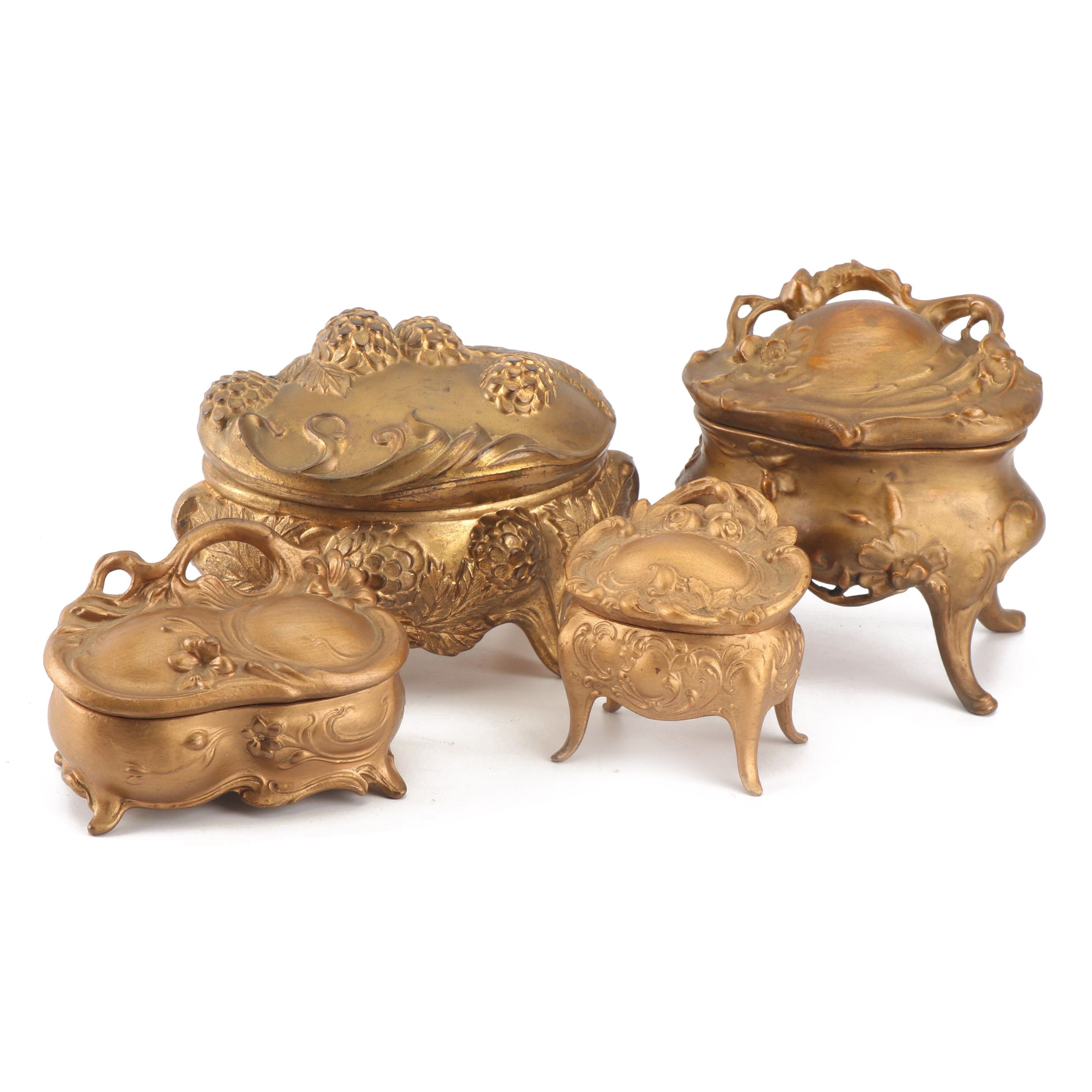 Art Nouveau Cast Metal Footed Jewelry Caskets Including Jennings Brothers