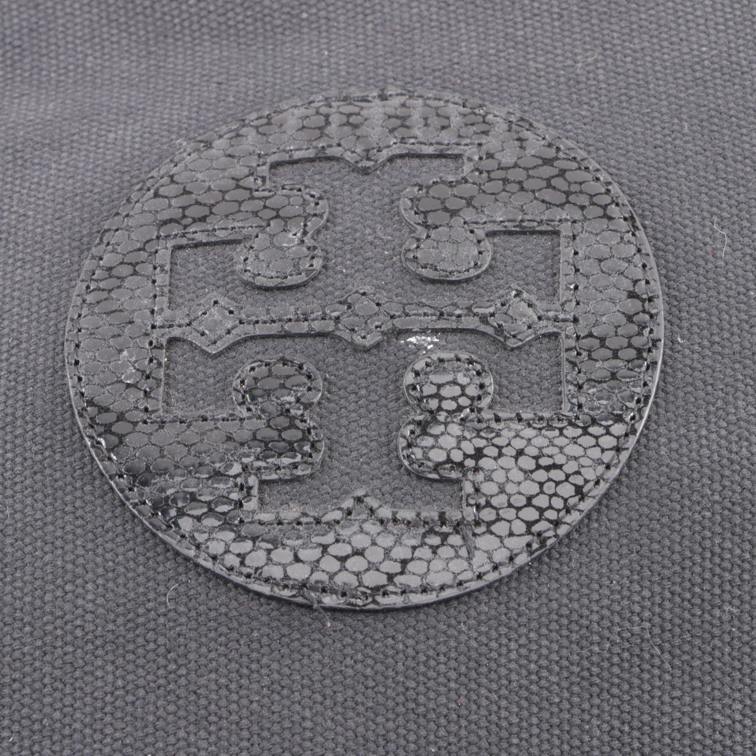 Tory Burch Black Canvas Tote with Reptile Embossed Suede Trim