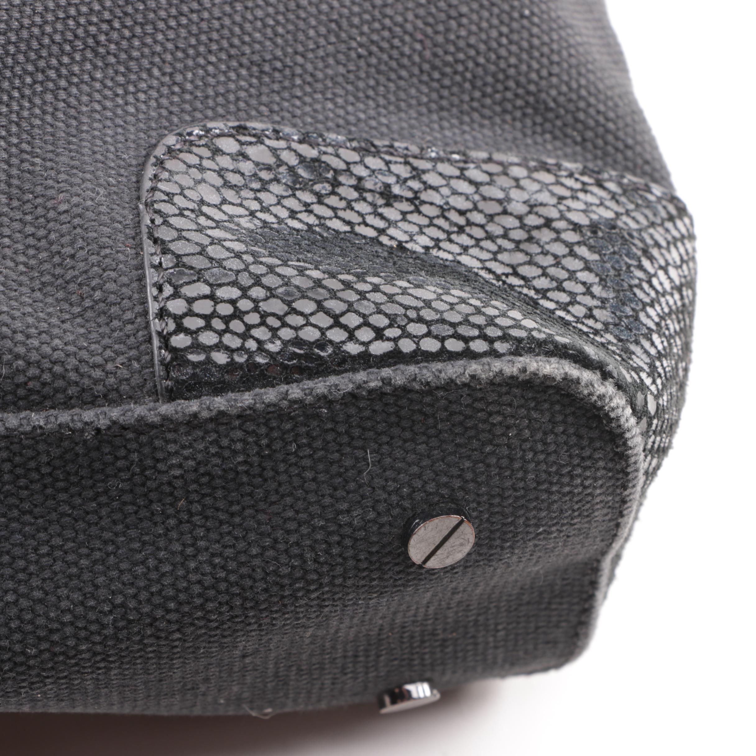 Tory Burch Black Canvas Tote with Reptile Embossed Suede Trim