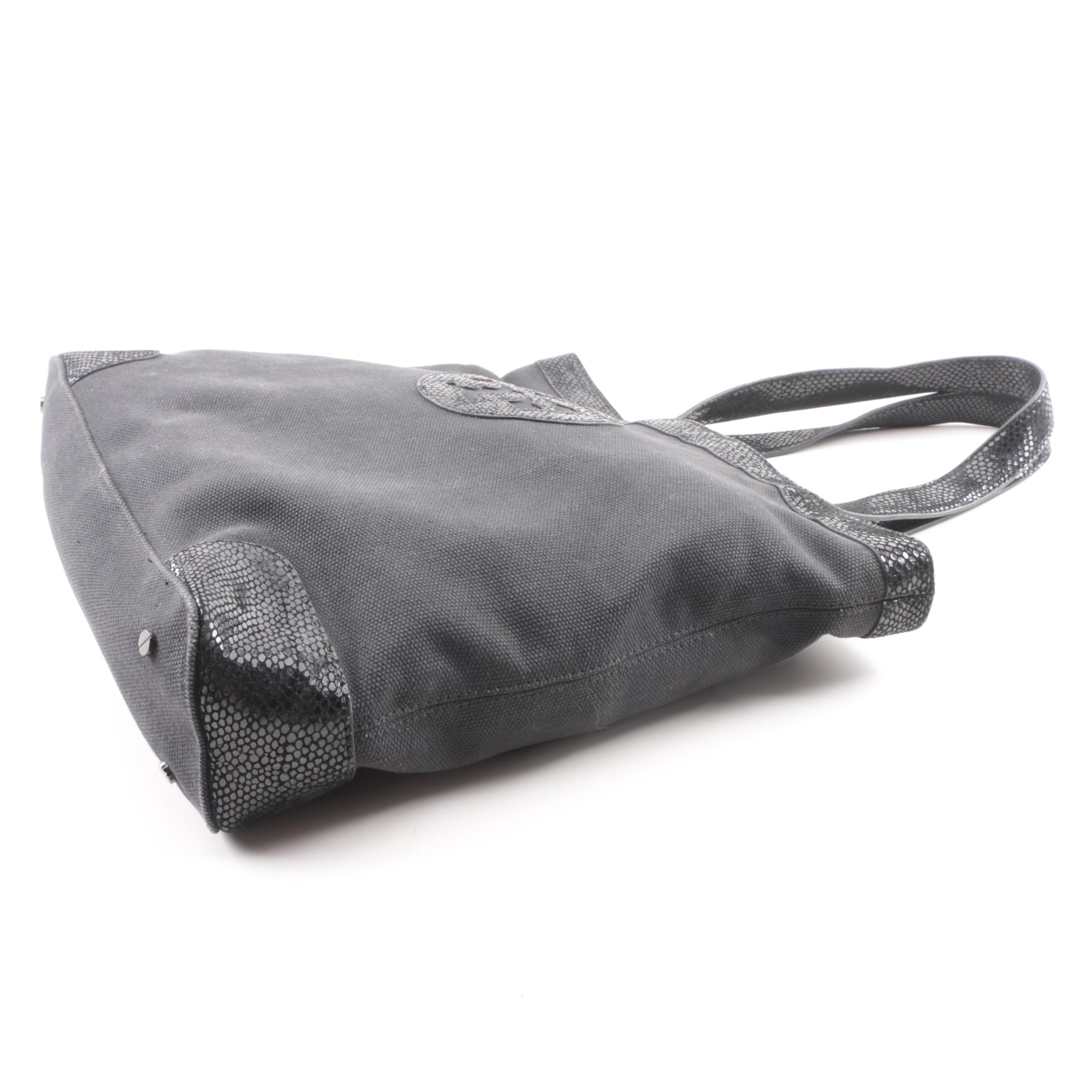 Tory Burch Black Canvas Tote with Reptile Embossed Suede Trim