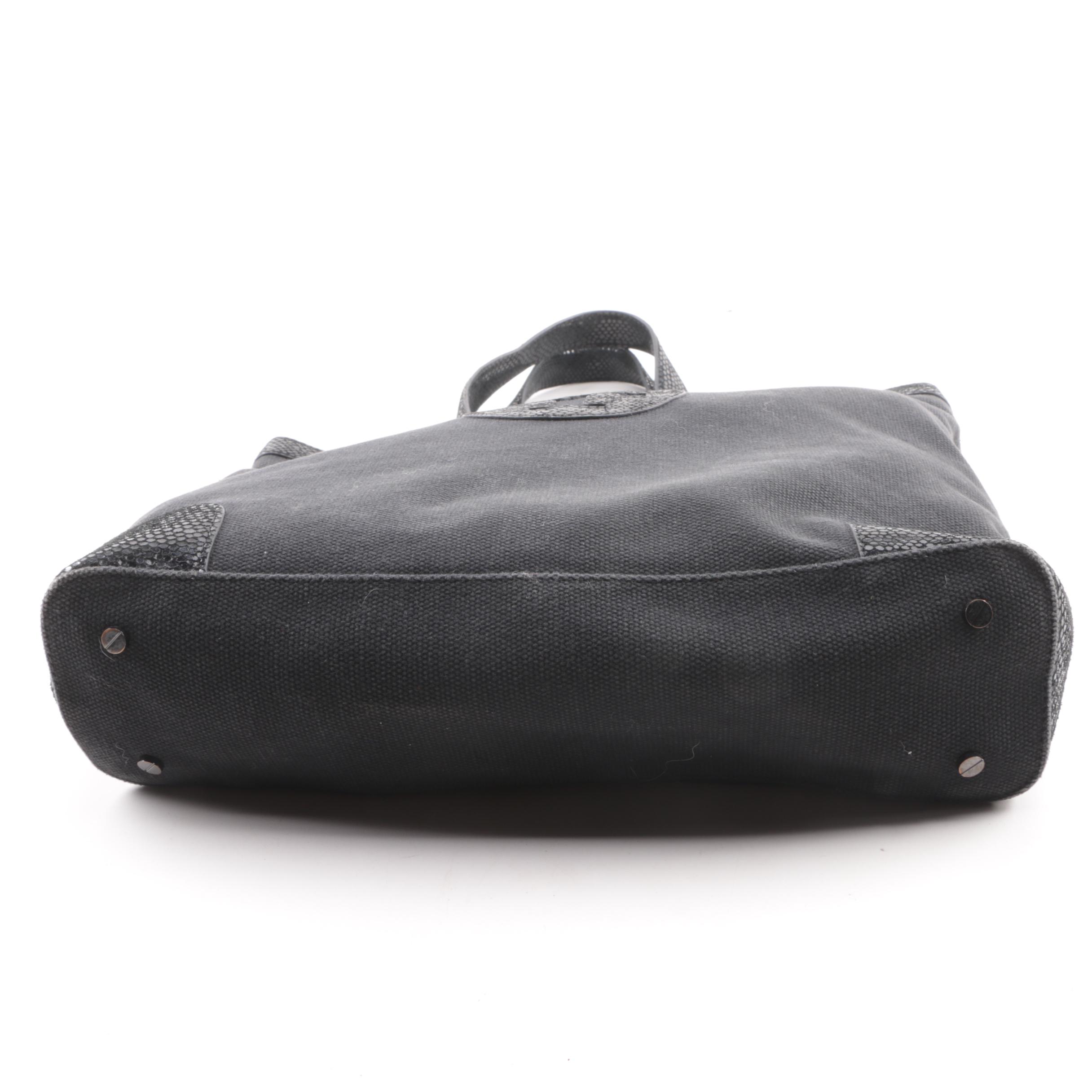 Tory Burch Black Canvas Tote with Reptile Embossed Suede Trim