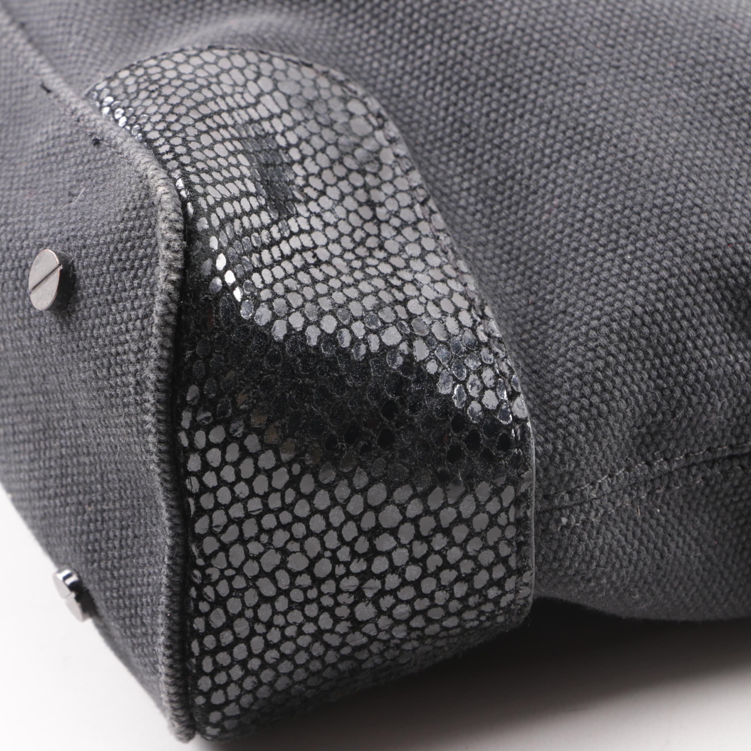 Tory Burch Black Canvas Tote with Reptile Embossed Suede Trim