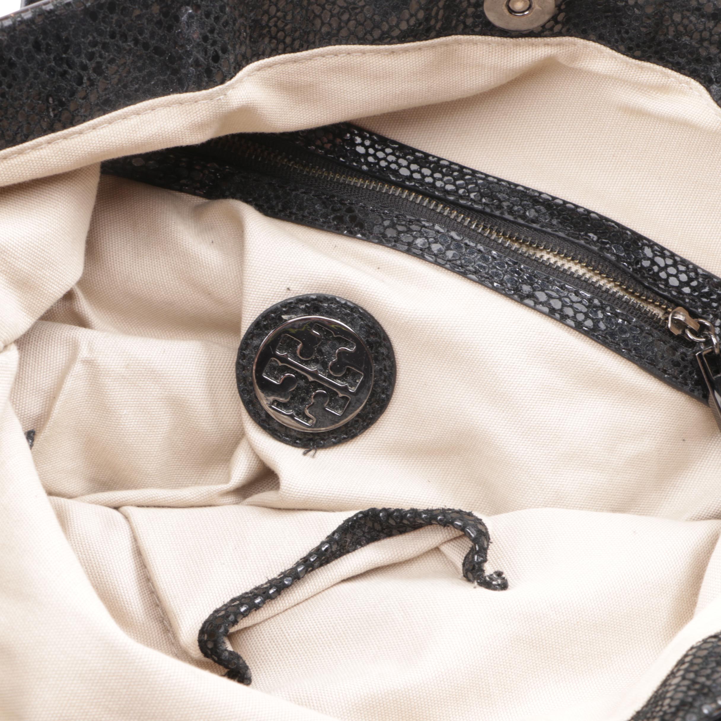 Tory Burch Black Canvas Tote with Reptile Embossed Suede Trim