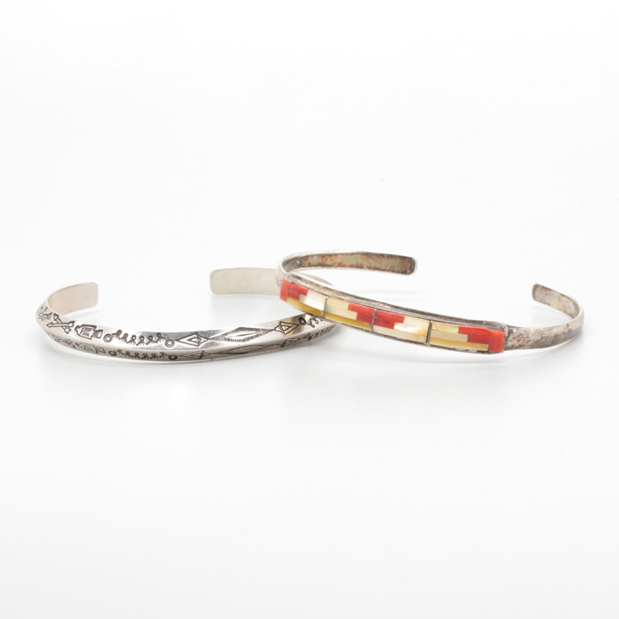 Southwestern Style Sterling Cuffs Featuring Zuni Artist R. Natachu and Coral
