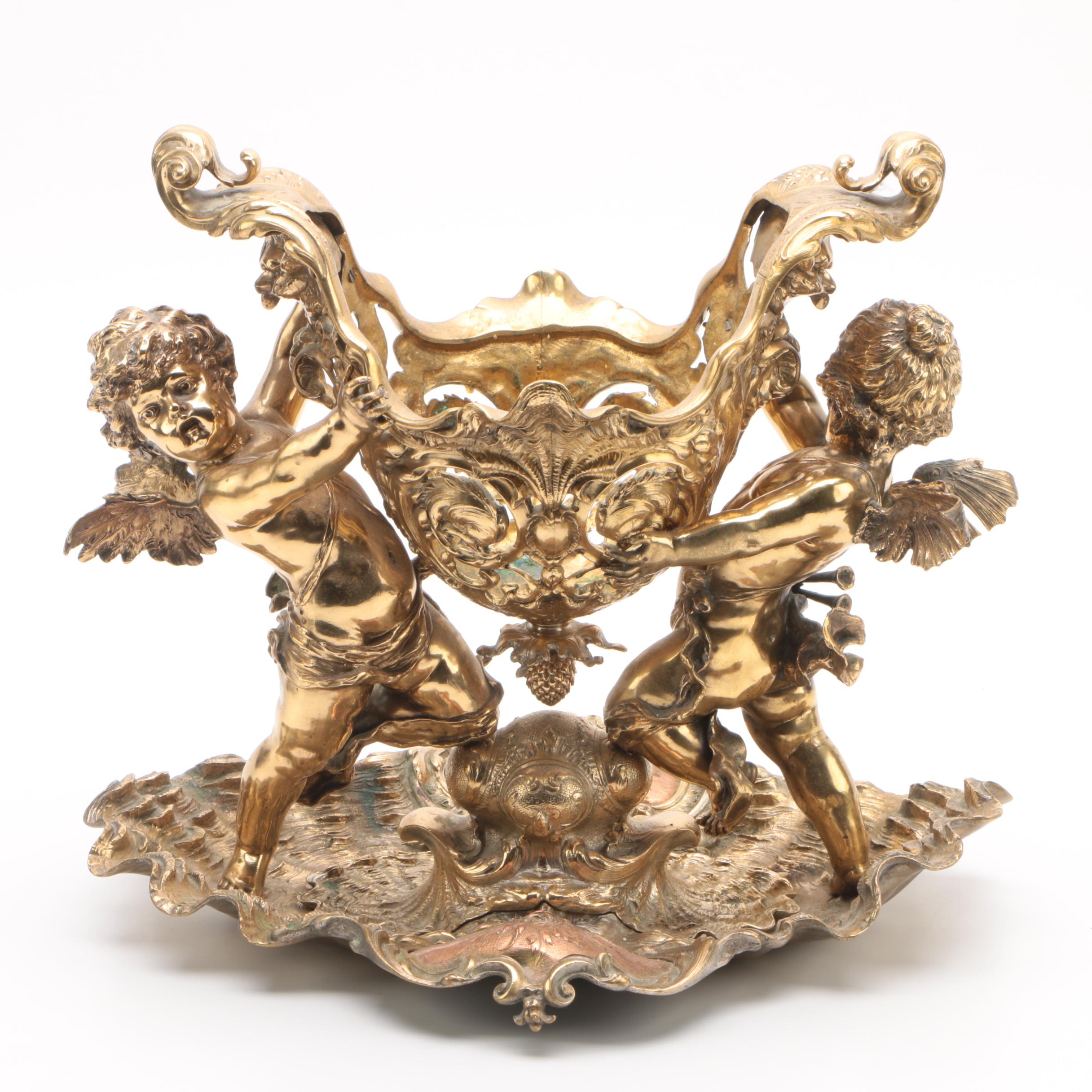 Rococo Style Brass Cherub and Shell Centerpiece