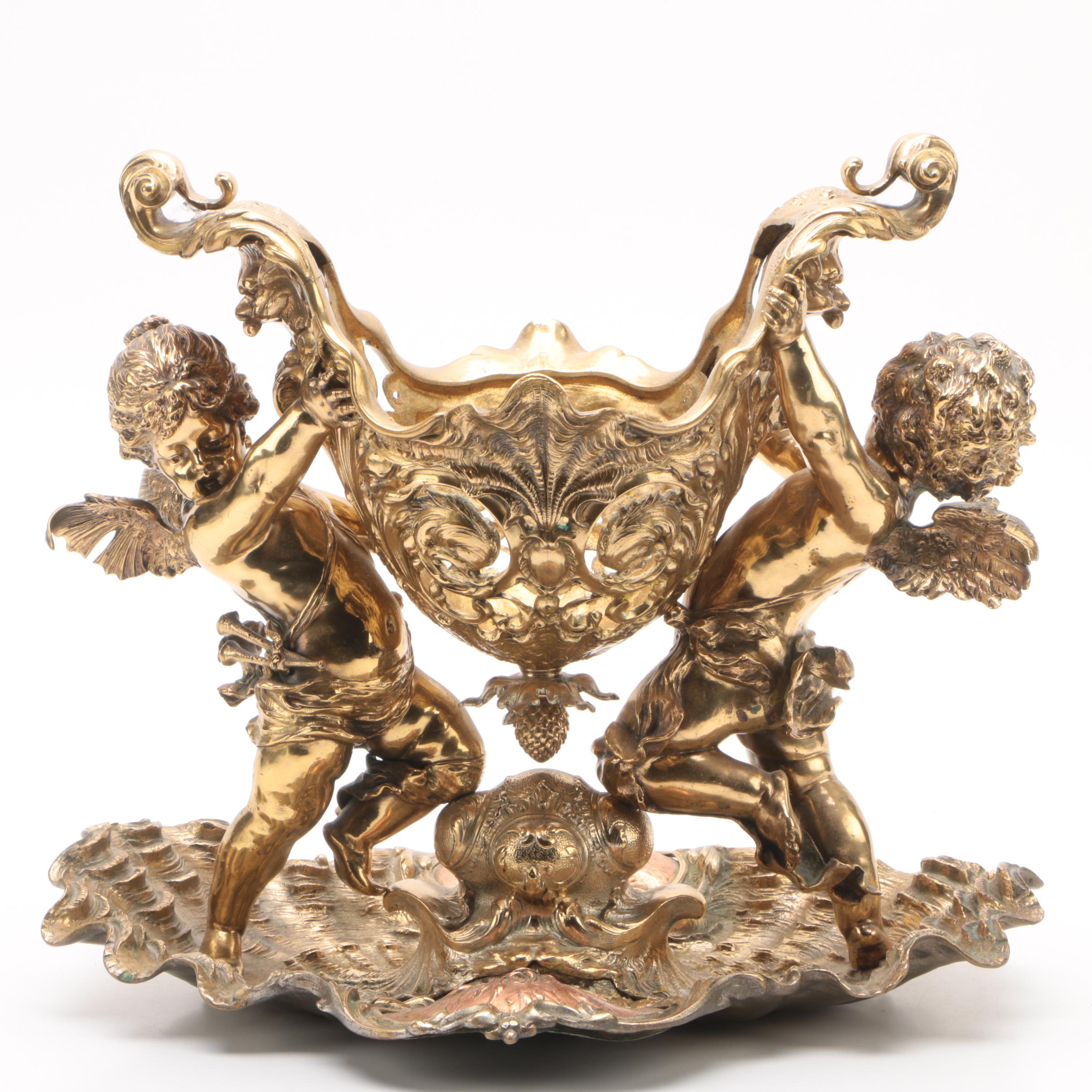Rococo Style Brass Cherub and Shell Centerpiece