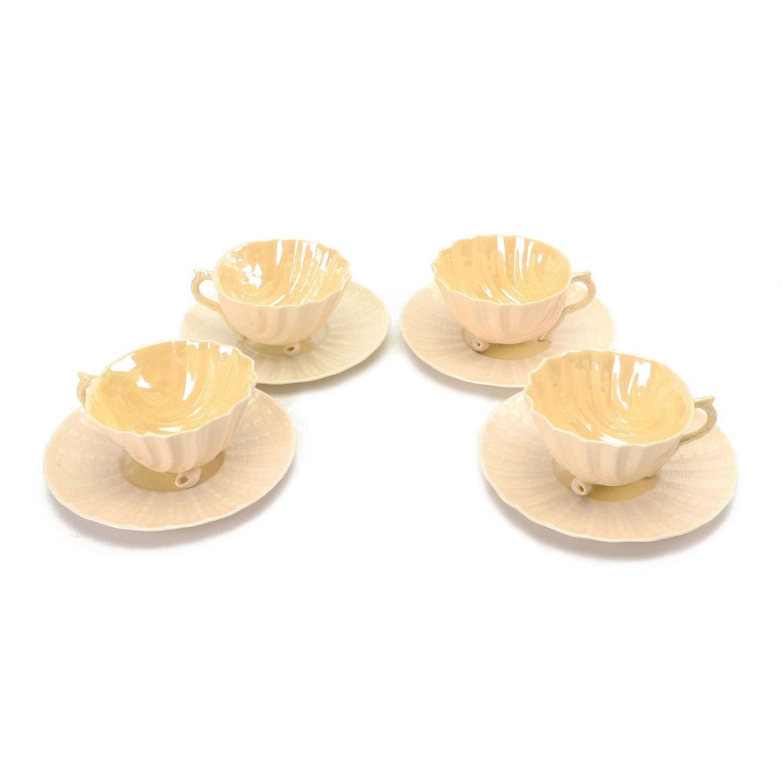 Vintage Belleek "Neptune Yellow" Porcelain Cups and Saucers c. 1955-65