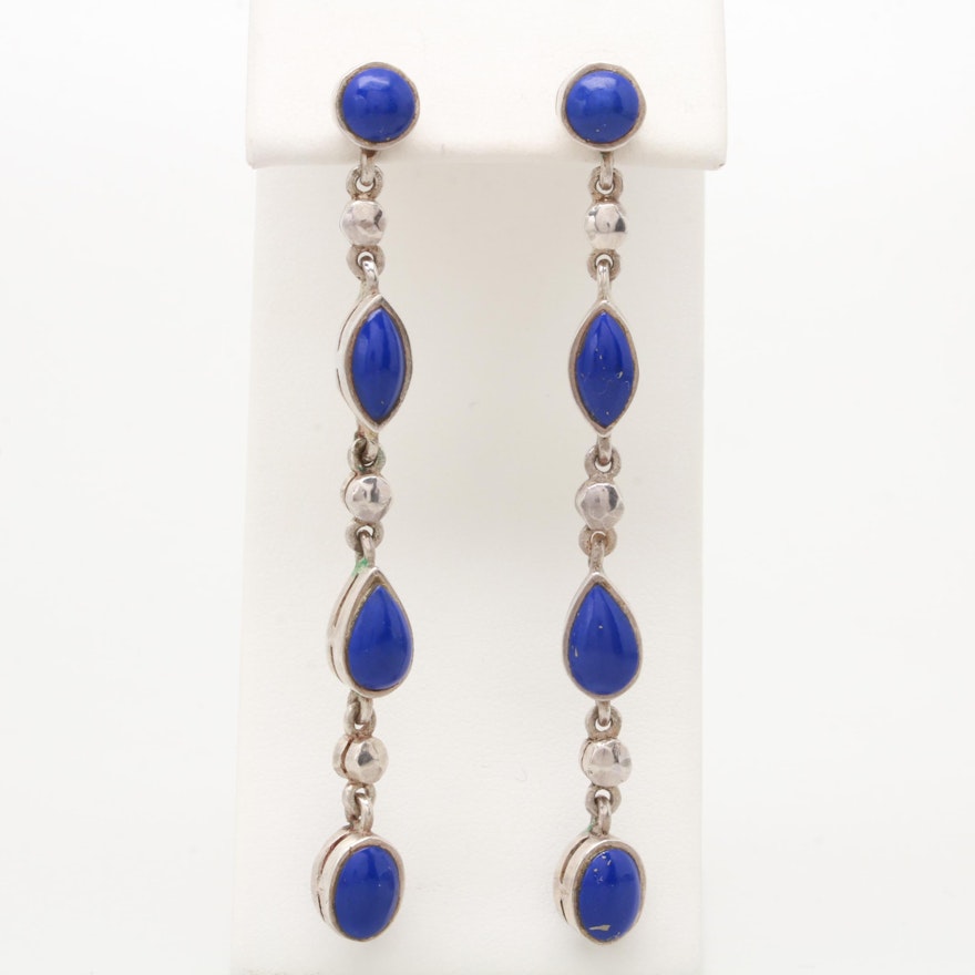 Sterling Silver Bezel Set Lapis Lazuli Drop Style Earrings