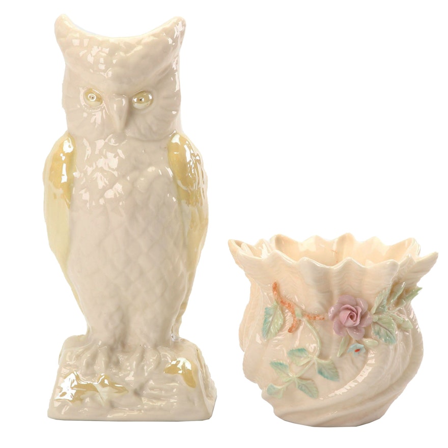Circa 1965-80 Belleek Owl and Floral Porcelain Vases