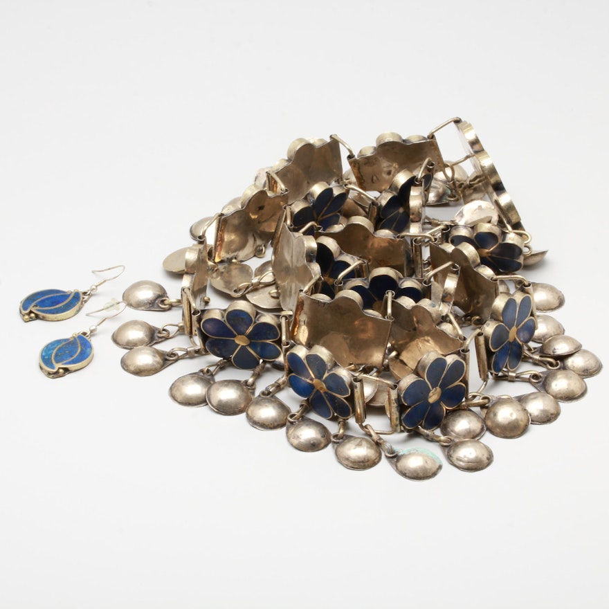 Mexican Style Silver Tone Lapis Lazuli Belt and Earrings