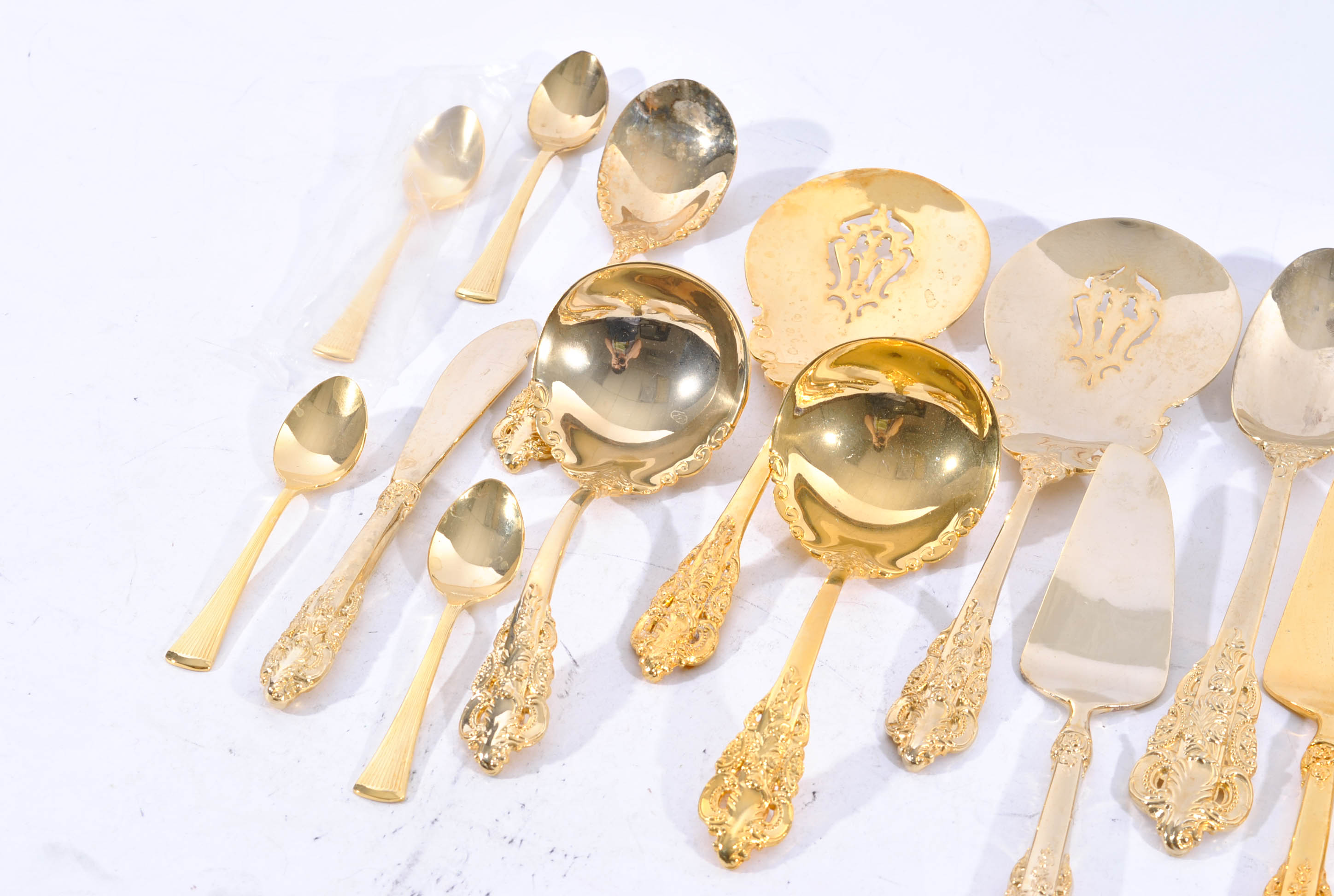 Godinger "Baroque" Gold Plate Serving Utensils with Lilian Vernon Caviar Spoons