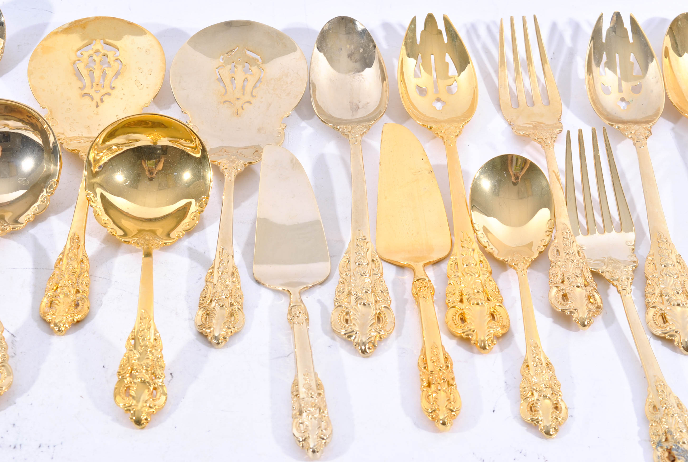 Godinger "Baroque" Gold Plate Serving Utensils with Lilian Vernon Caviar Spoons