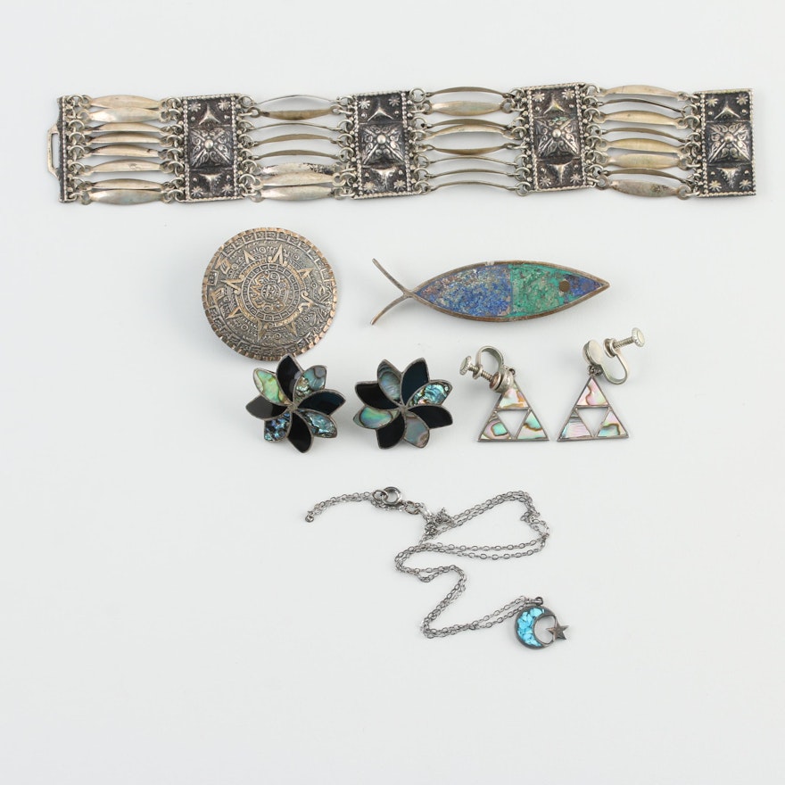 Sterling Silver Jewelry Assortment Featuring Mexican Made Pieces and Abalone