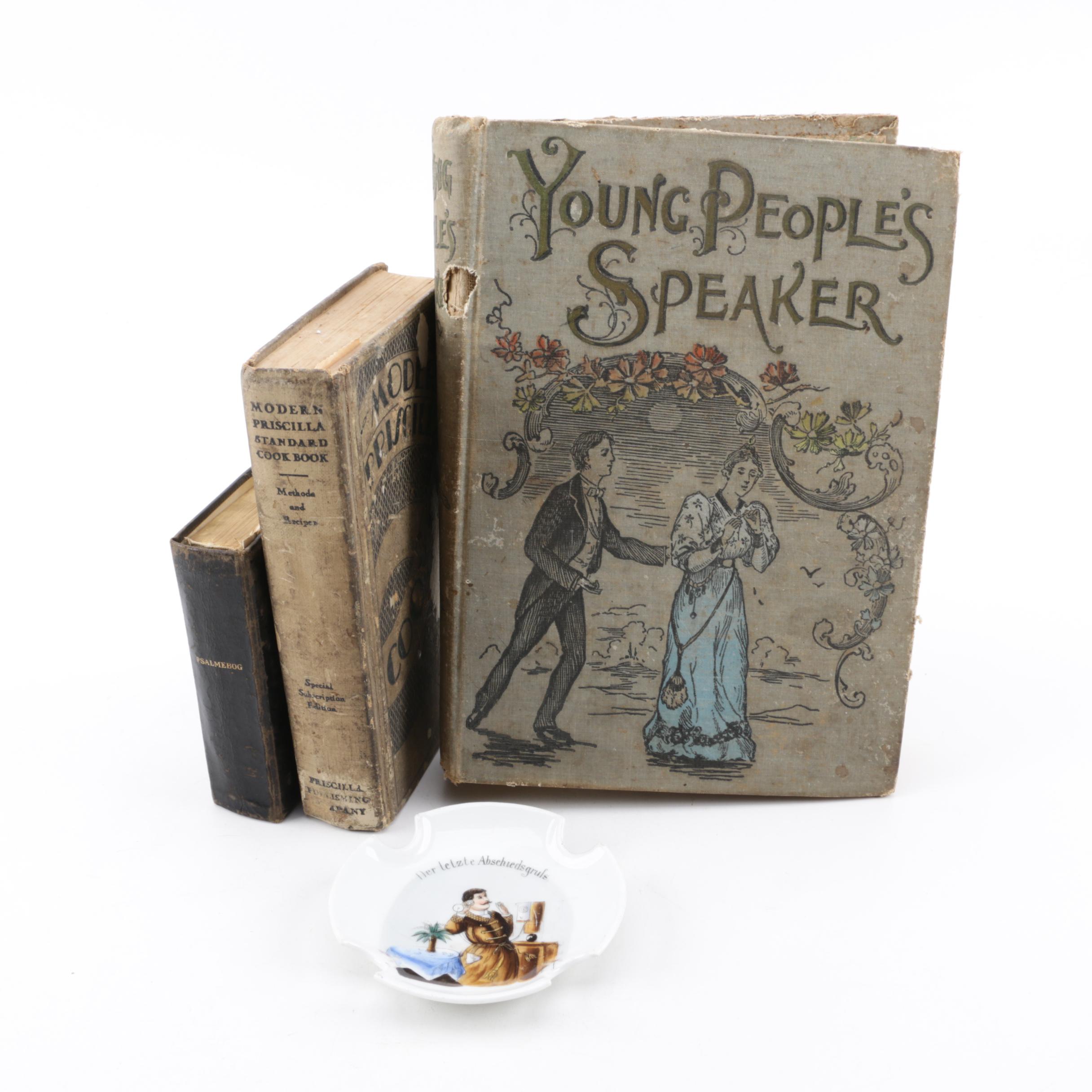 Vintage and Antique Books with German Porcelain "The Last Farewell" Ash Receiver