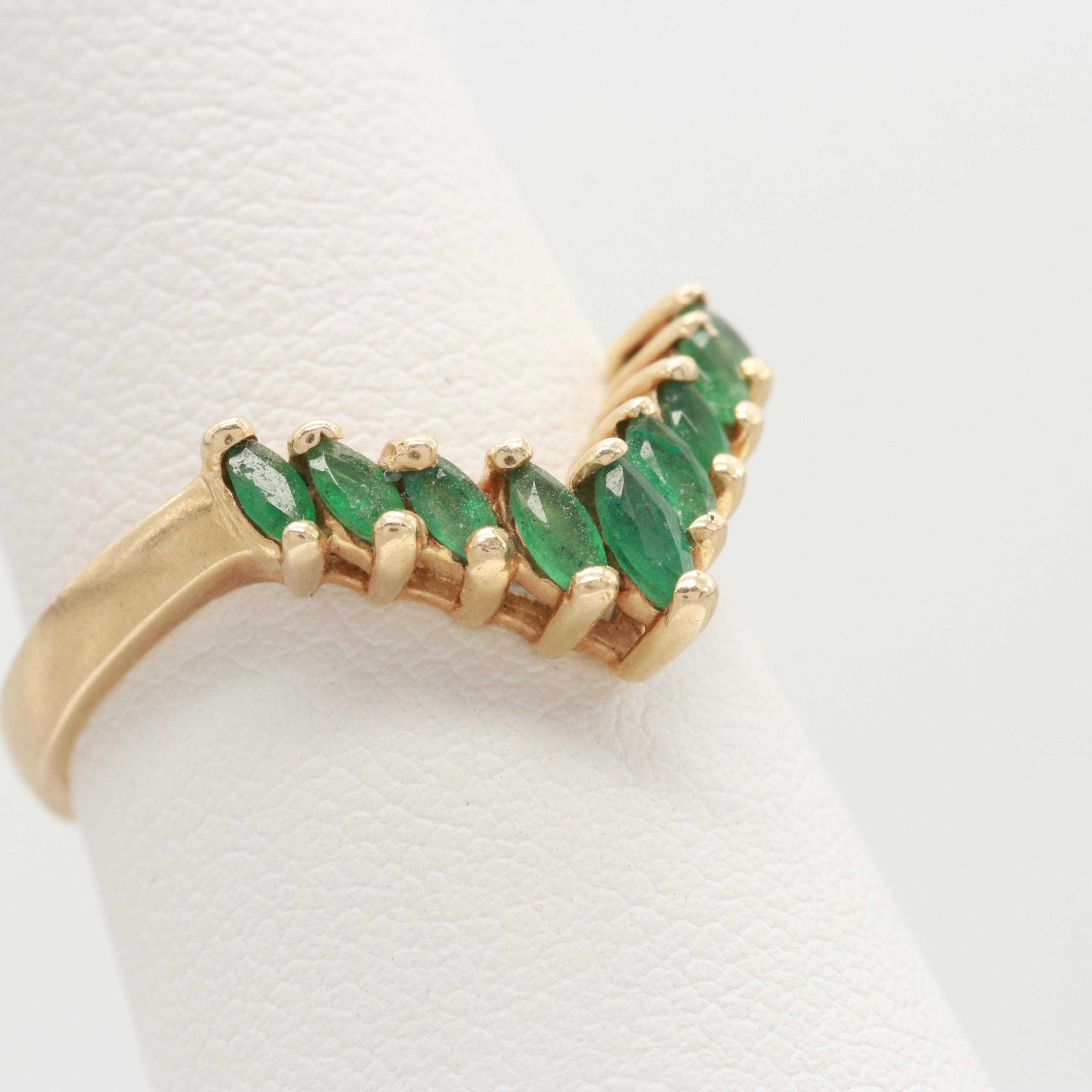 14K Yellow Gold Emerald Chevron Ring