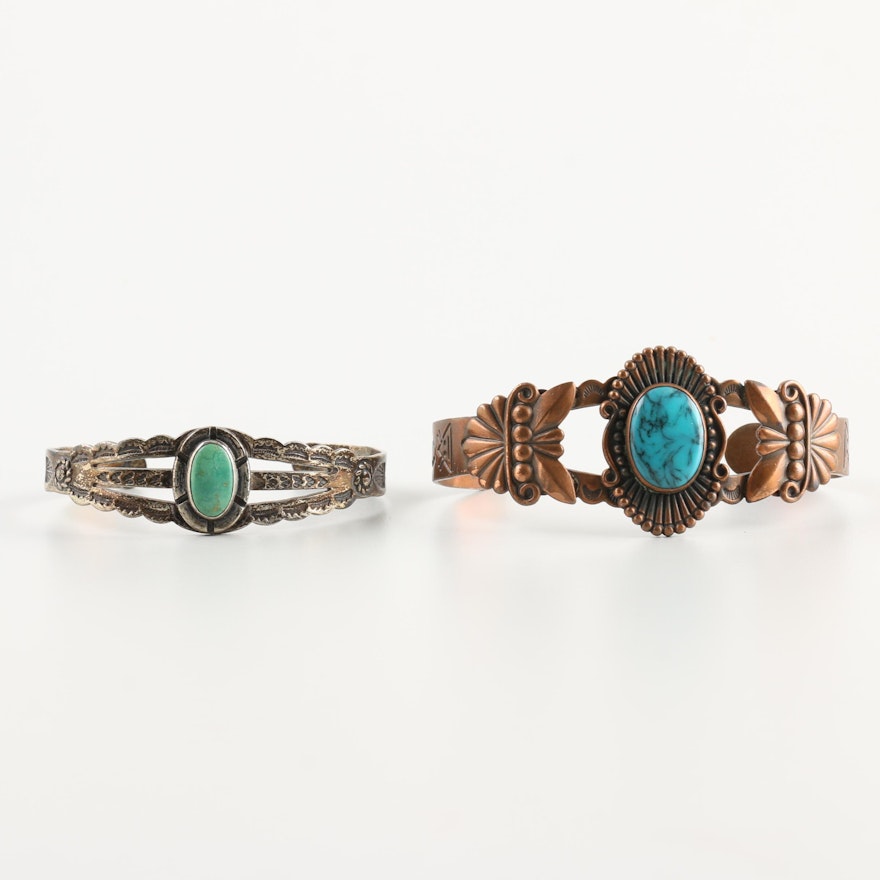 Southwestern Style Sterling Silver and Copper Cuff Bracelets with Turquoise