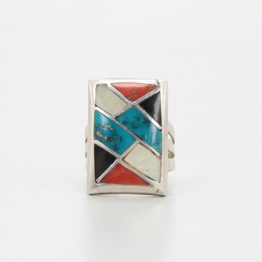 Benson Sam Navajo Diné Sterling Silver Turquoise and Gemstone Inlaid Ring