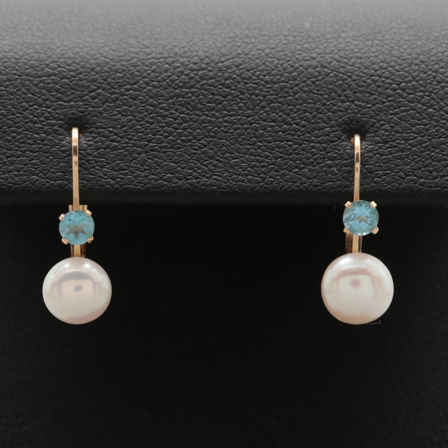 14K Yellow Gold Cultured Pearl and Blue Topaz Earrings