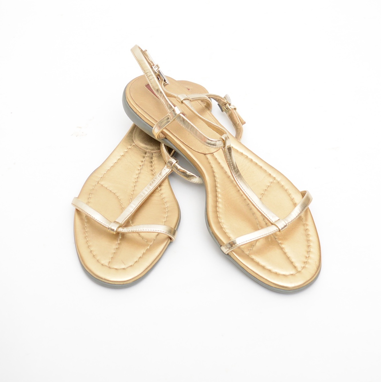 Prada Gold Metallic Leather T-Strap Sandals