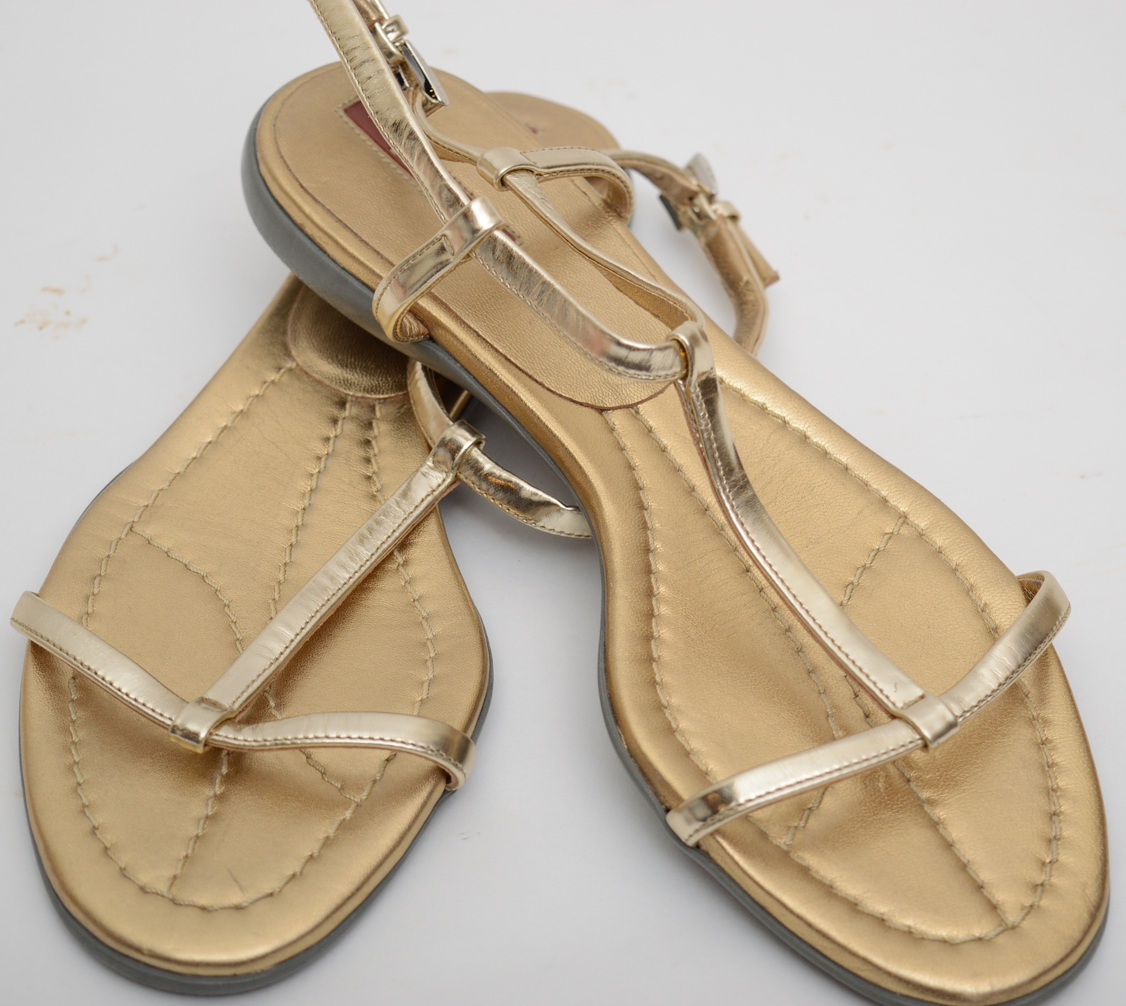 Prada Gold Metallic Leather T-Strap Sandals