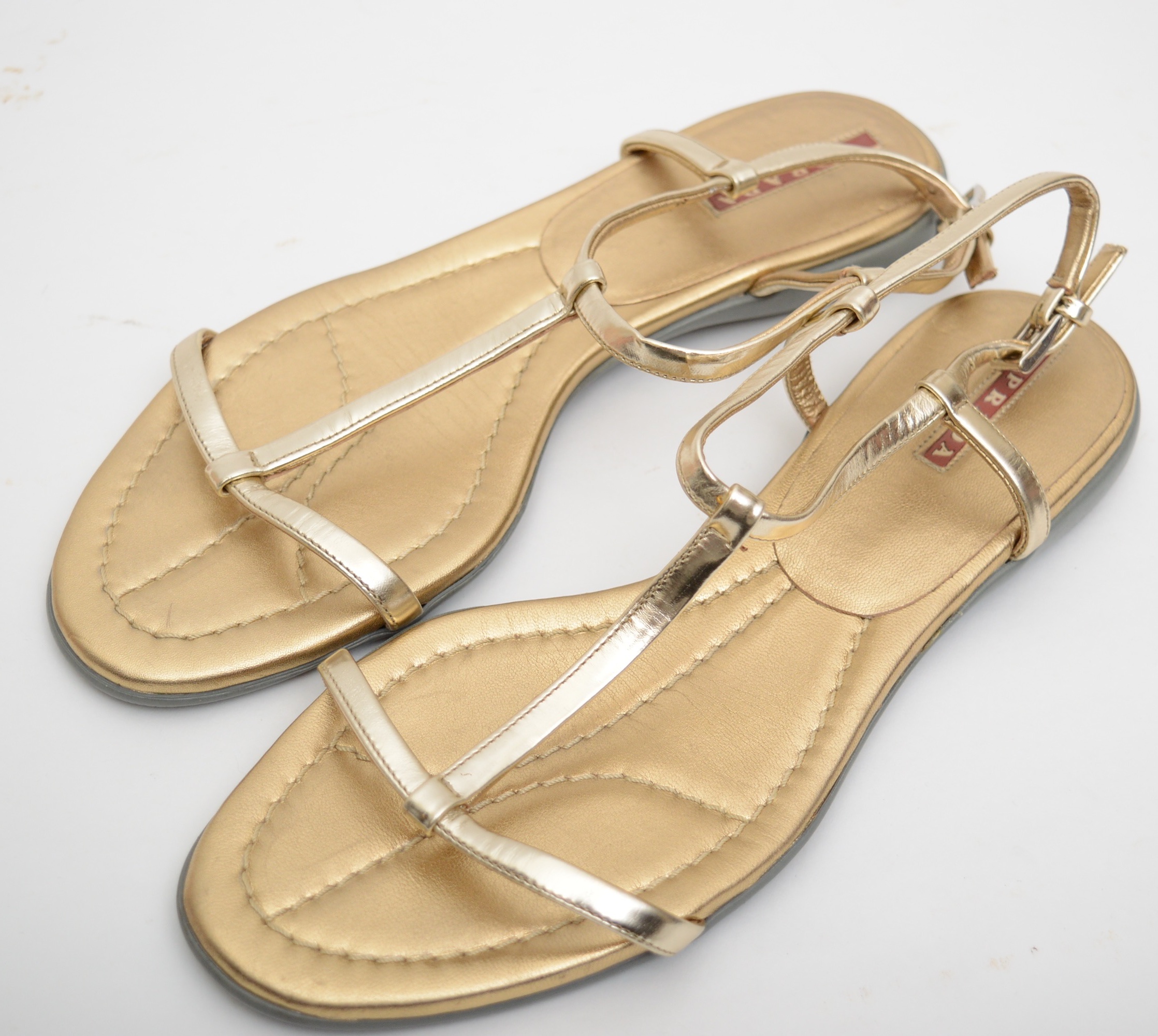 Prada Gold Metallic Leather T-Strap Sandals