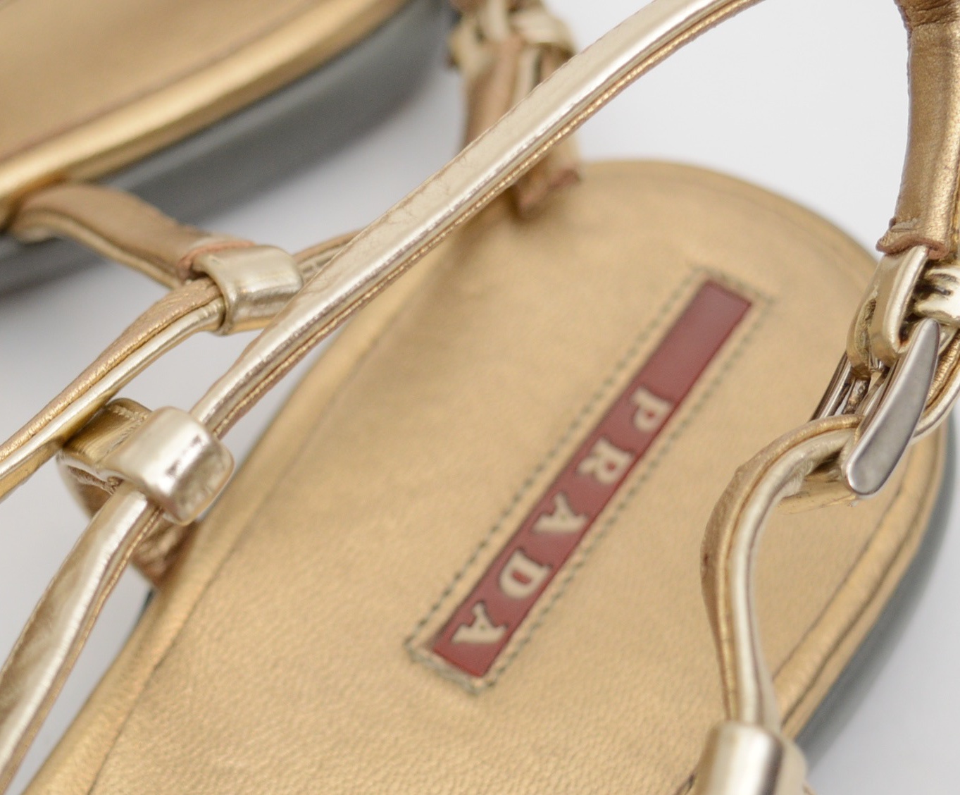 Prada Gold Metallic Leather T-Strap Sandals