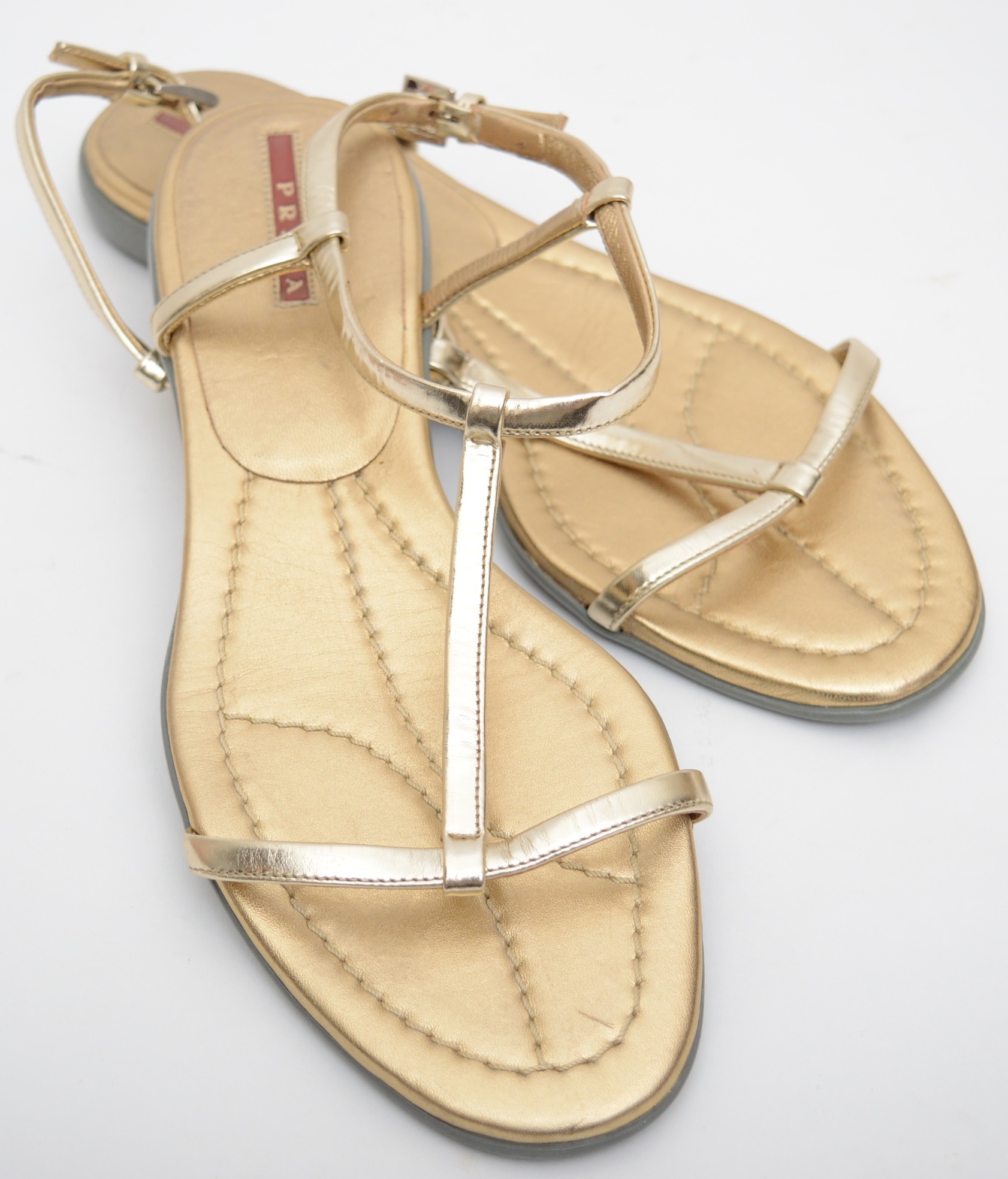 Prada Gold Metallic Leather T-Strap Sandals