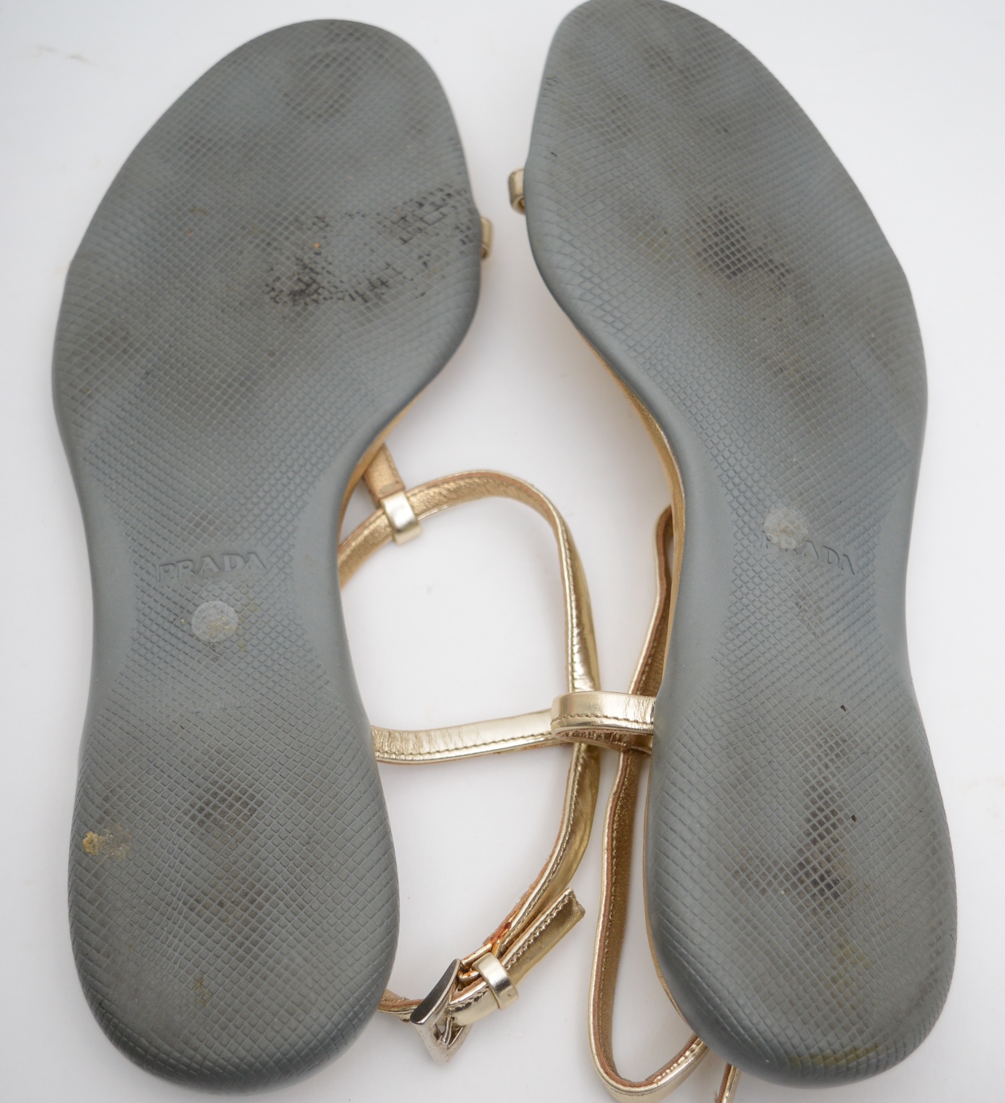 Prada Gold Metallic Leather T-Strap Sandals