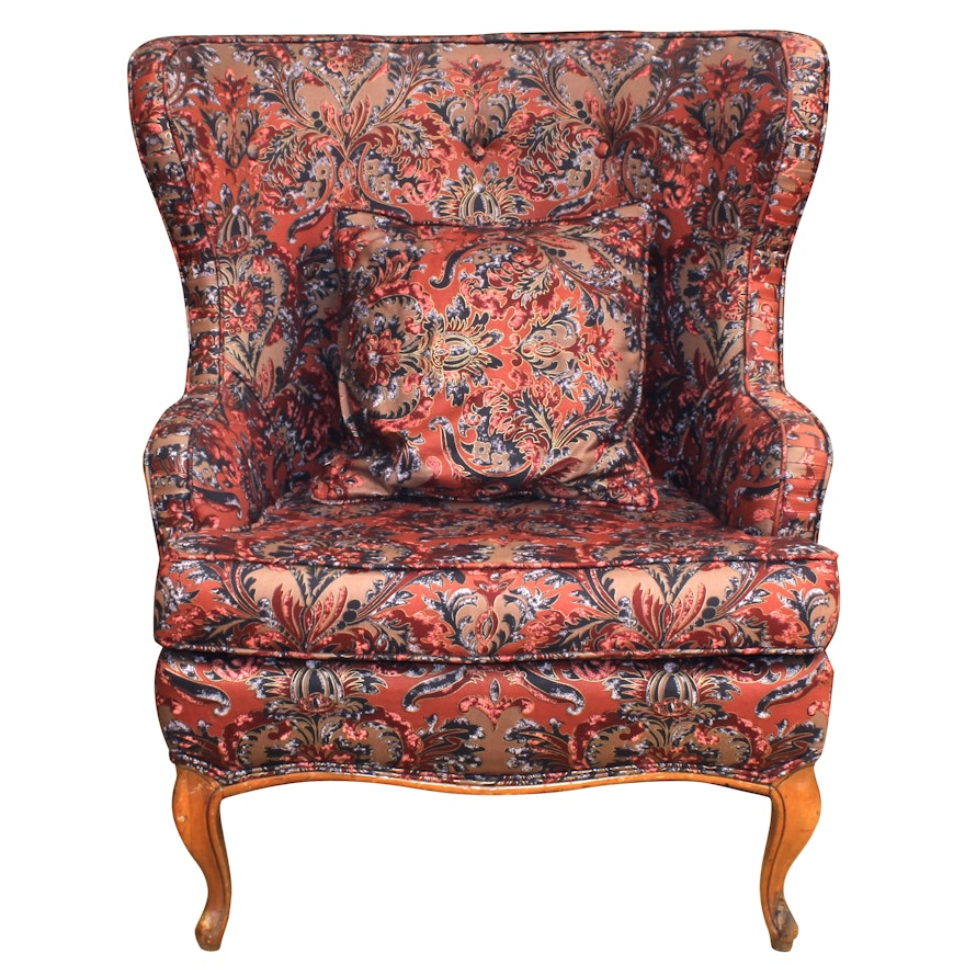 Queen Anne Style Upholstered Wingback Armchair, Late 20th Century