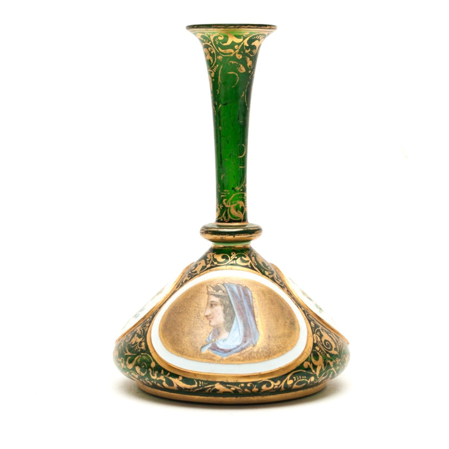 Bohemian Glass Portrait Vase with Enamel Accents