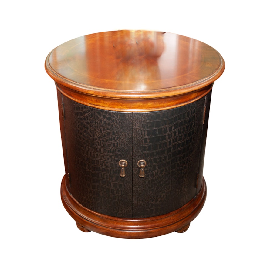 Contemporary Wood and Faux Leather Round Side Table