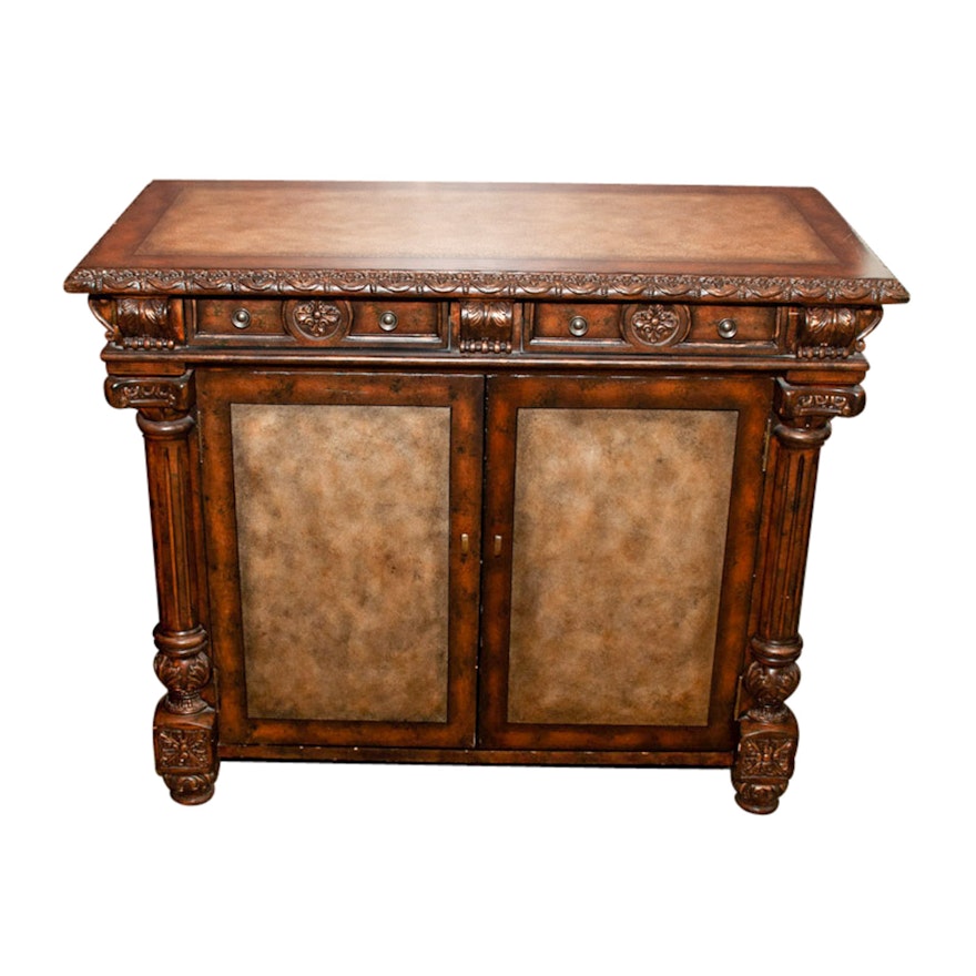 Renaissance Revival Style Wood and Leather Cabinet, Late 20th or 21st Century