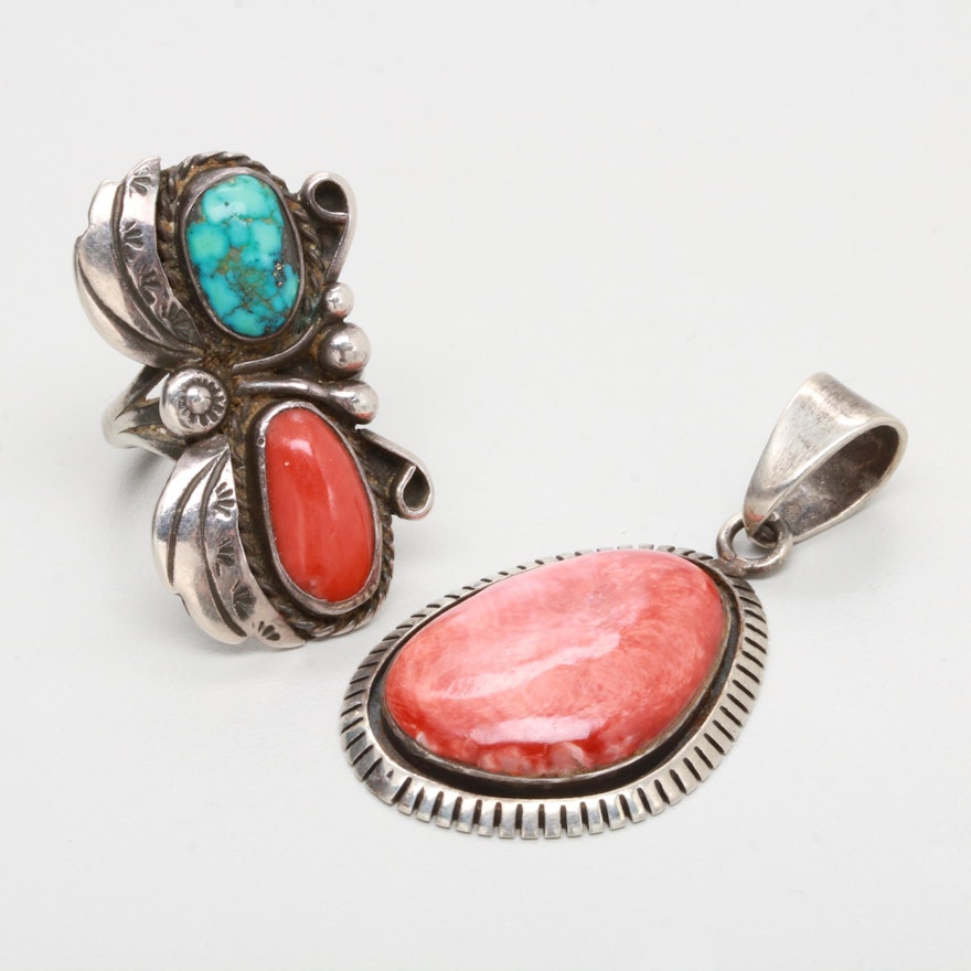 Southwestern Style Sterling Silver Spiny Oyster and Gemstone Pendant and Ring