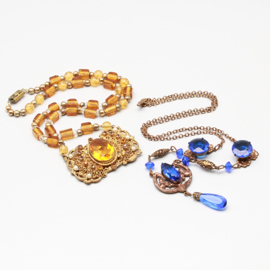 Gold Tone Necklace Selection with Blue Glass