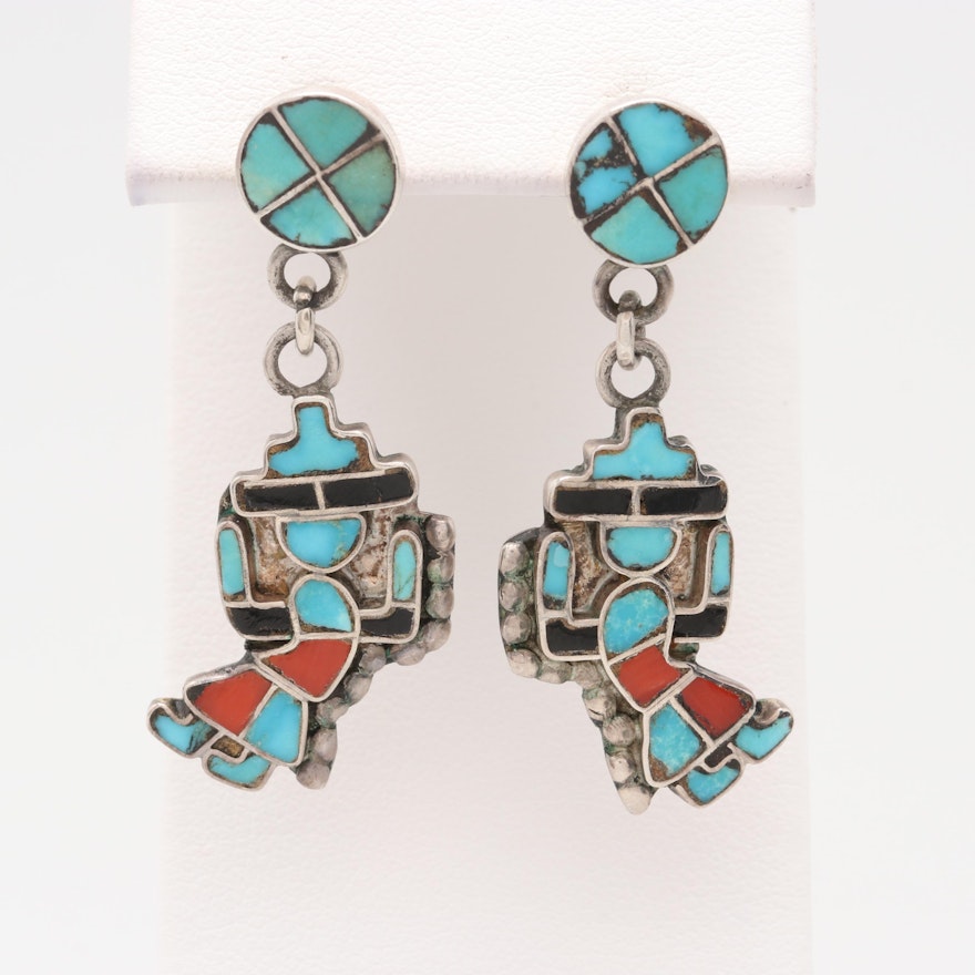 Southwestern Style Sterling Silver Coral and Turquoise Rainbow Man Earrings