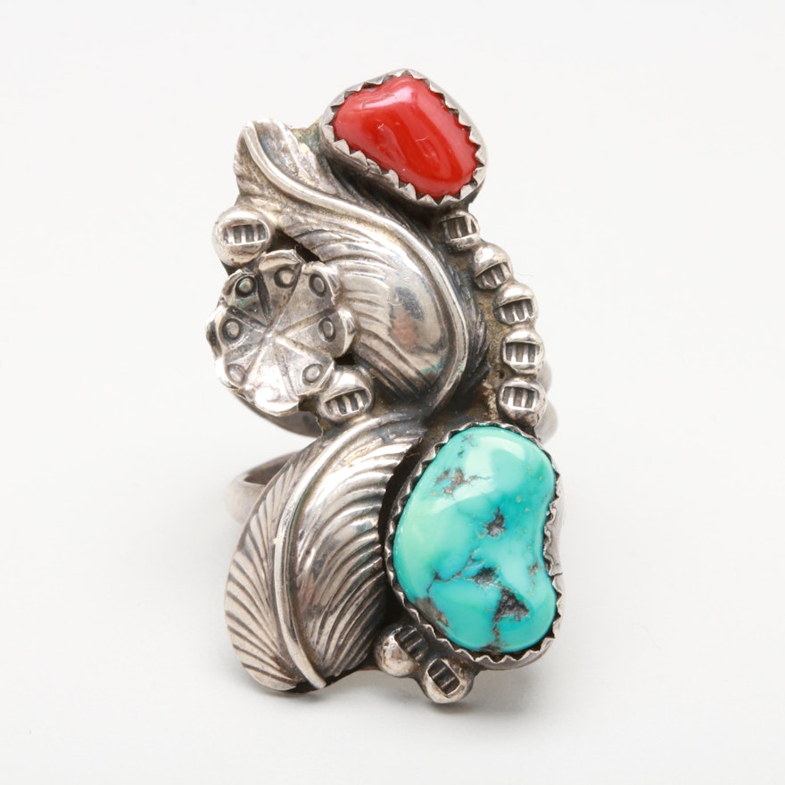 K. Spencer Navajo Diné Sterling Silver Turquoise and Coral Ring