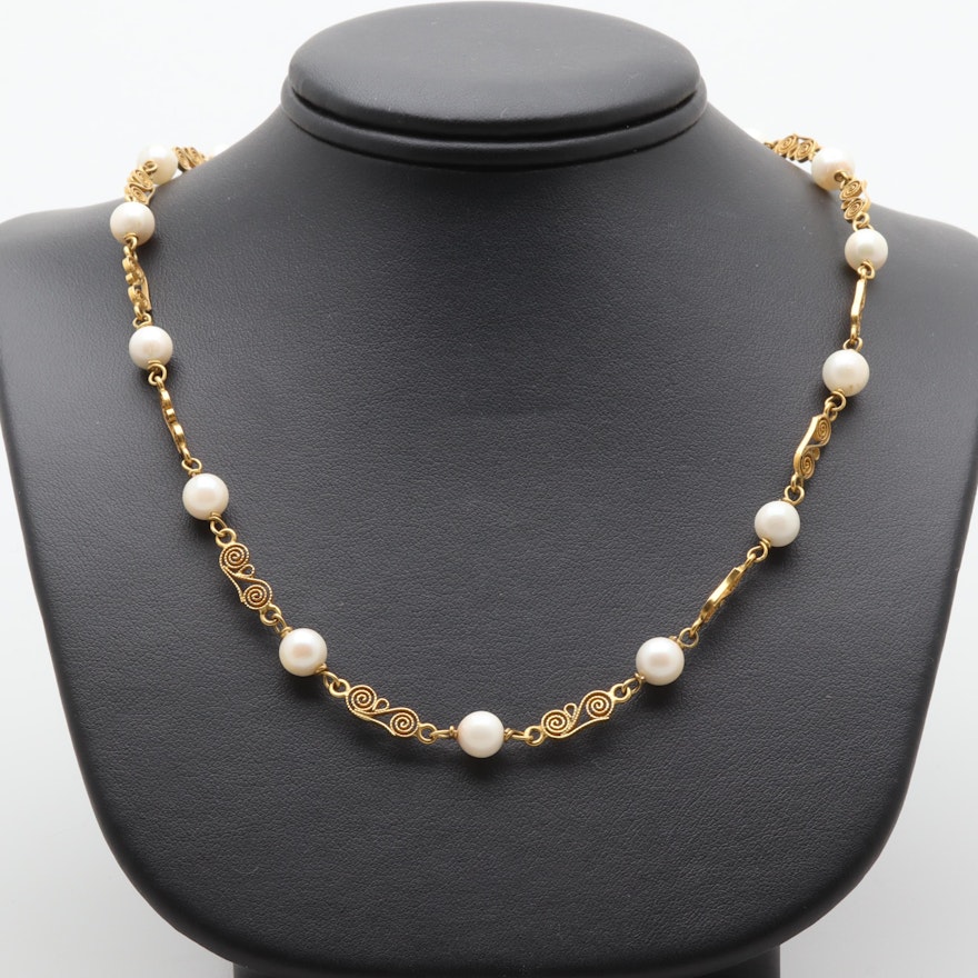 14K Yellow Gold Cultured Pearl Necklace