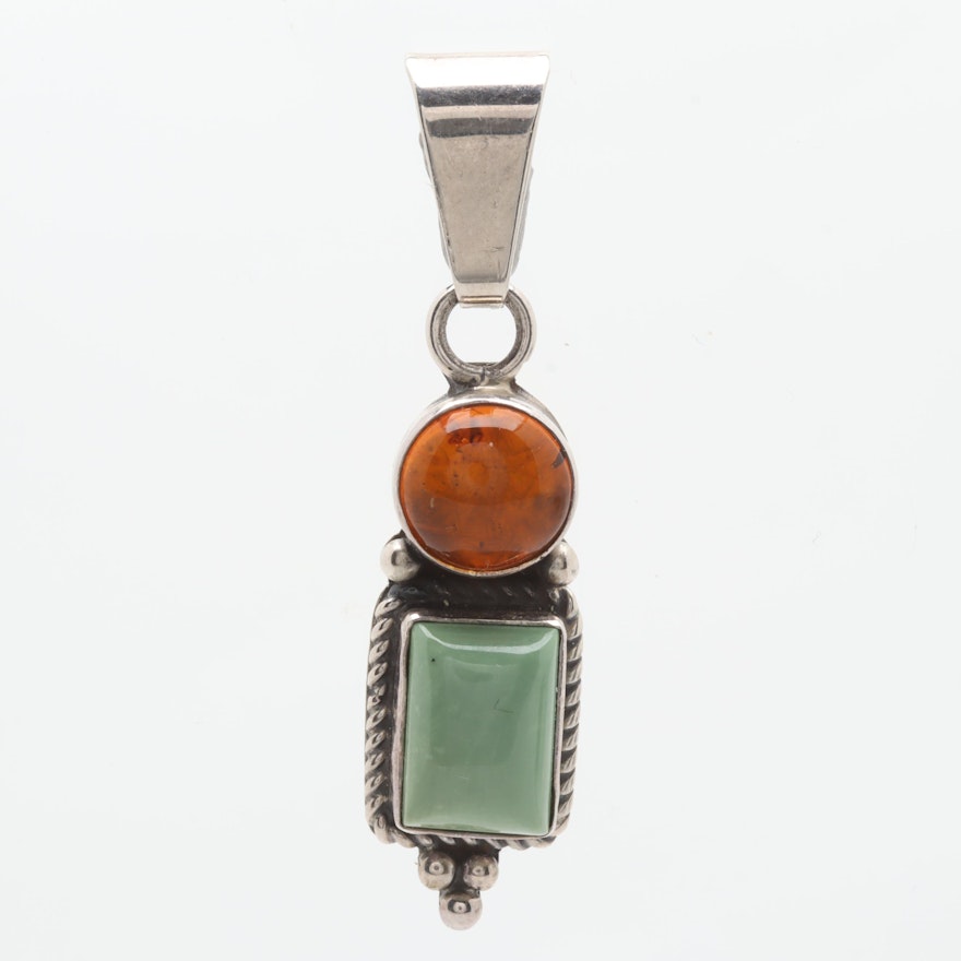 Ray Bennett Navajo Diné Sterling Silver Amber and  Pendant