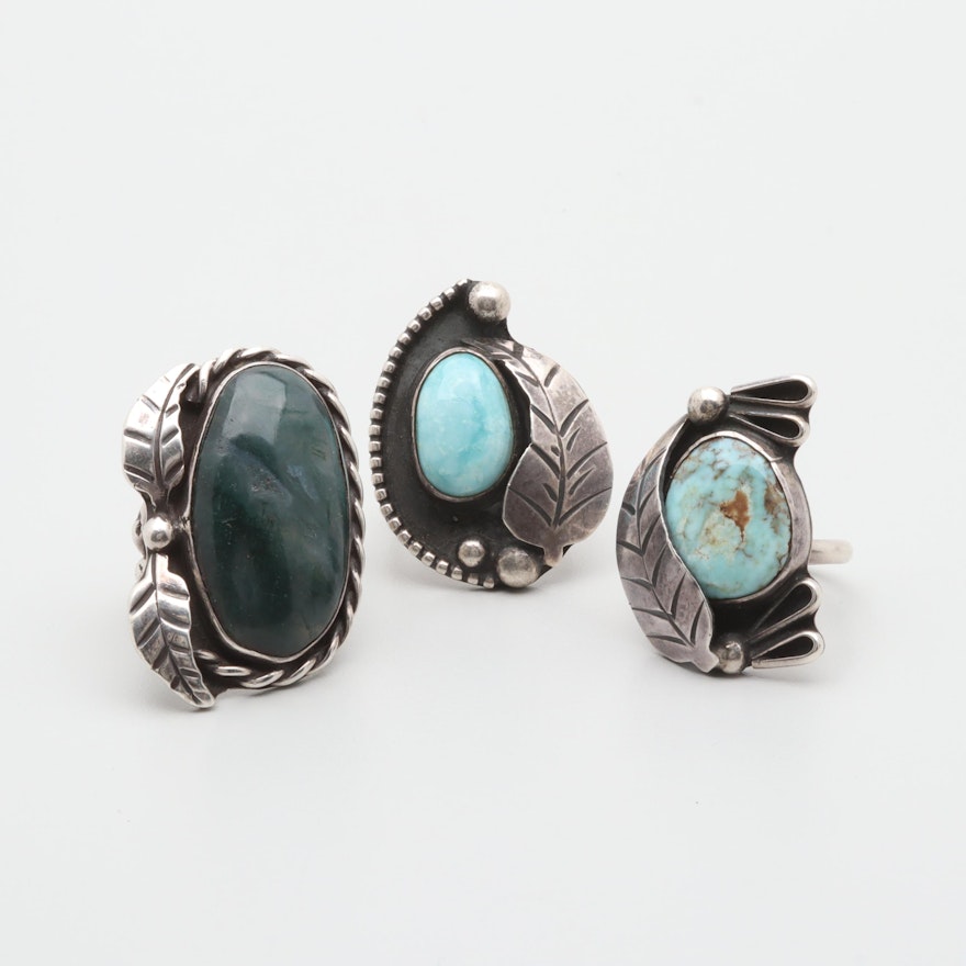 Southwestern Style Sterling Silver Agate, Larimar and Turquoise Rings